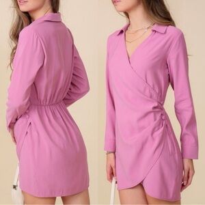 NWT Lumiere Pink Drape Wrap Mini Collared Long Sleeve Dress